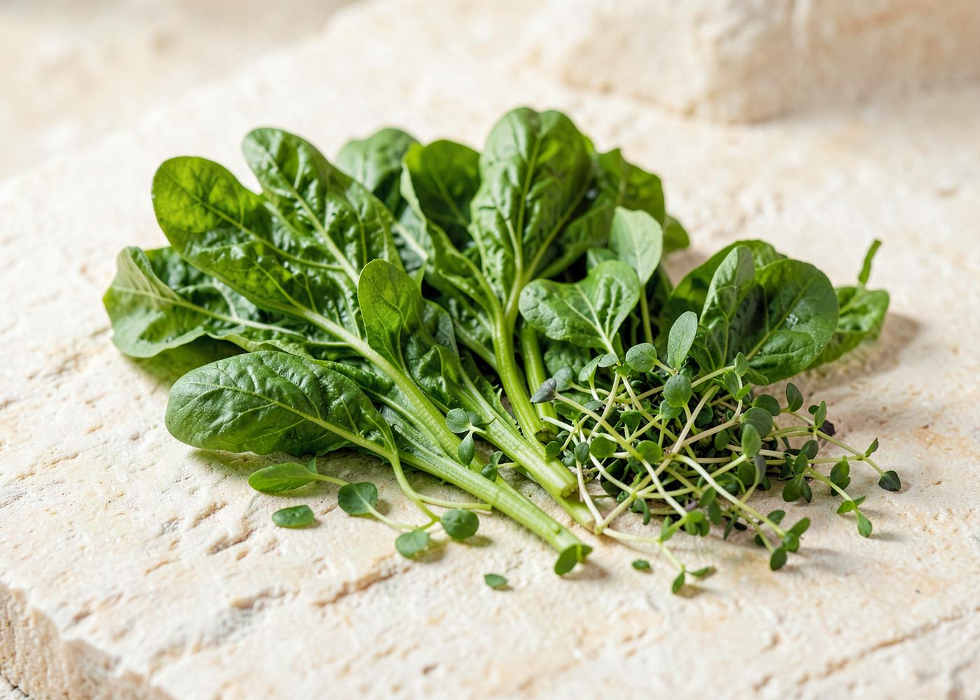 Freshly harvested leafy greens, herbs and microgreens on a stone surface