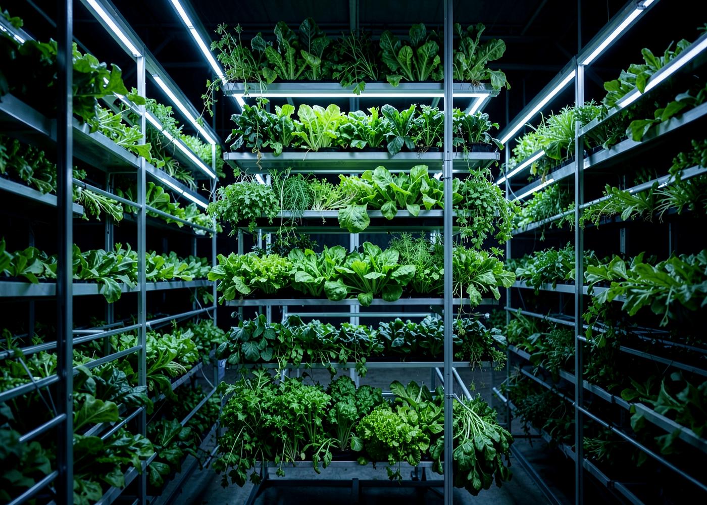 Vertical racks of leafy greens and herbs in an indoor farm
