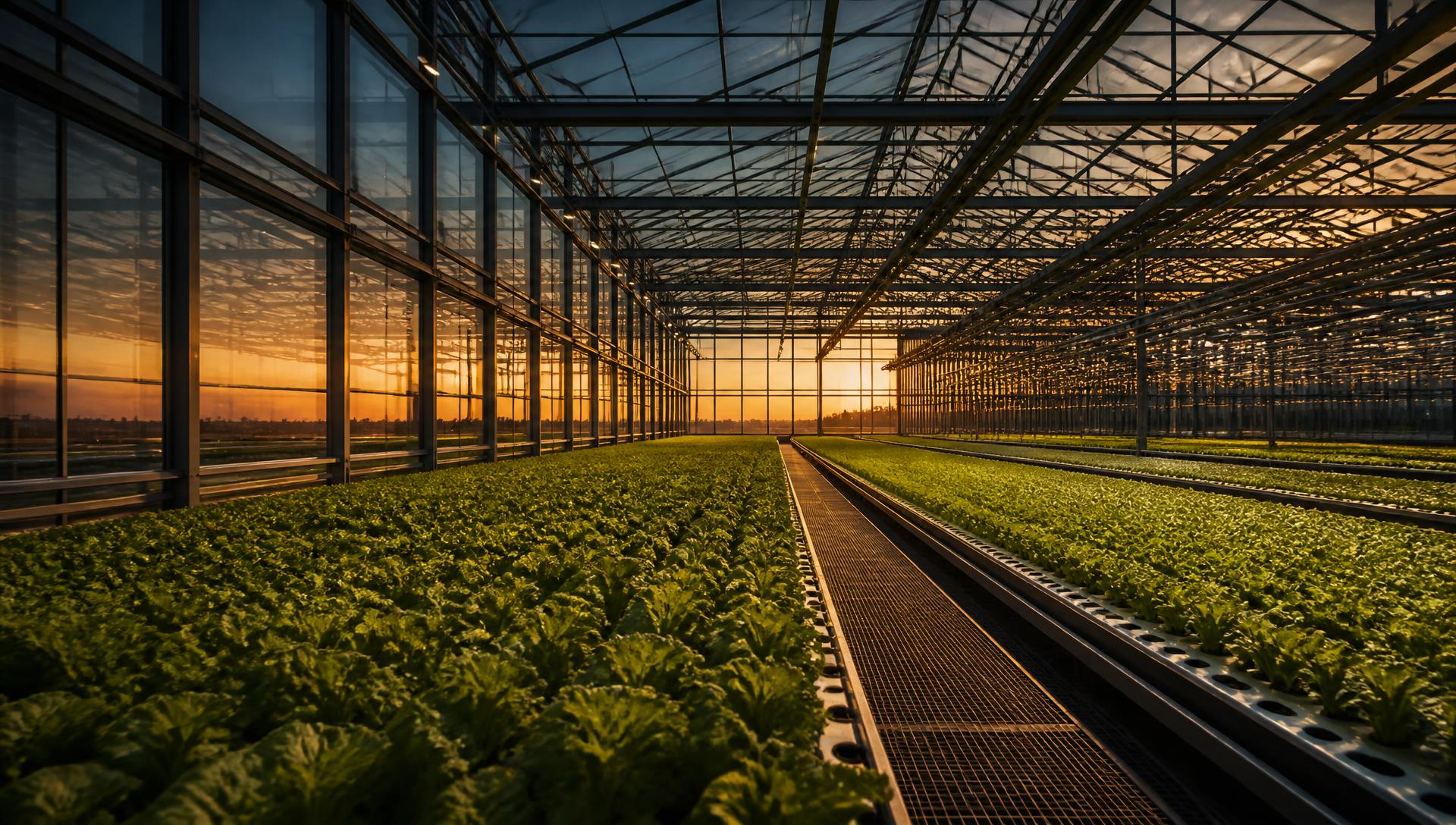 Interior of a modern greenhouse facility with rows of leafy crops at dusk