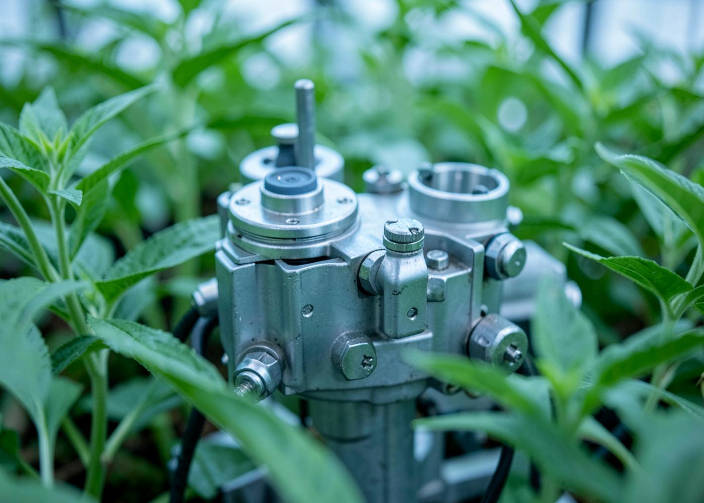 Sensor and climate-control instrumentation among green foliage